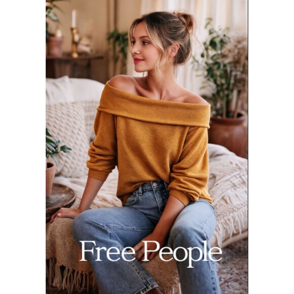 We The Free Honeycrisp Pullover Off-Shoulder Sweatshirt Medium Mustard Yellow - Picture 1 of 7